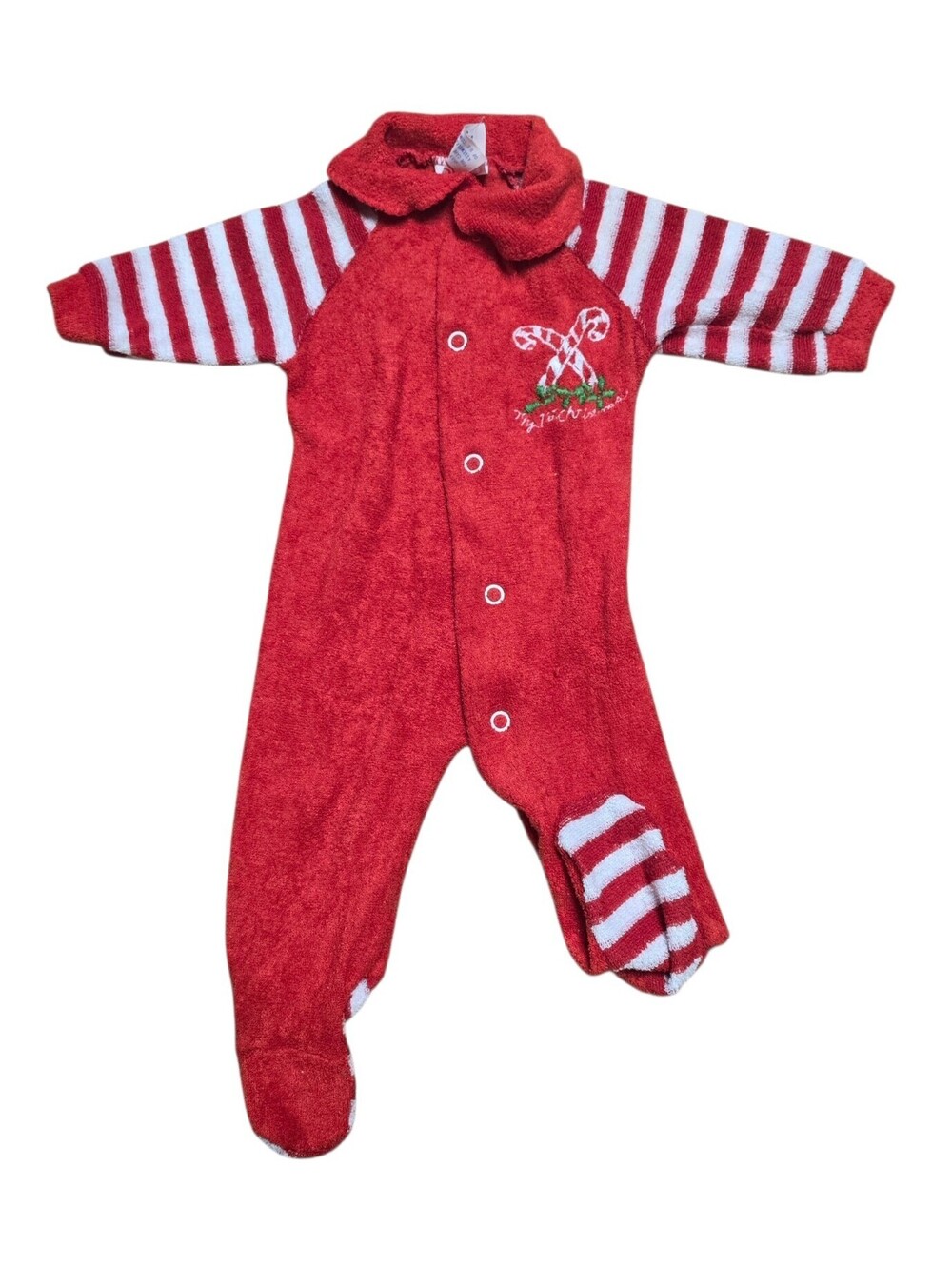 Vintage 90s Orlon Baby Christmas Footed Sleeper Candy Cane Terry Red White